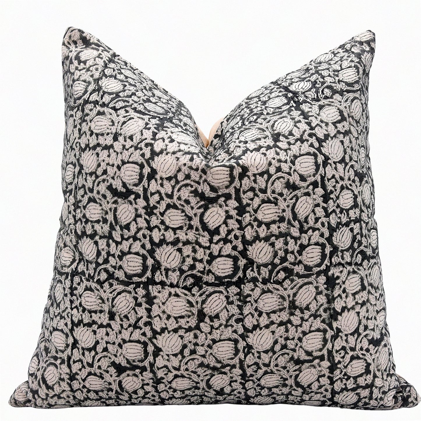 Boho Farmhouse Floral Cushion Covers - Grey 18x18 Outdoor Throw Pillowcase - Block Print Sofa Decor - Square Home Decorative Aath Kamal