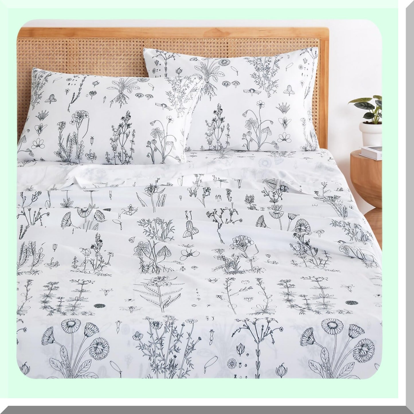 Botanical Bloom 4-Piece Sheet Set - Deep Pocket Floral Bed Sheets - Shabby Chic Black and White Flower - Soft Microfiber Patterned Bedding