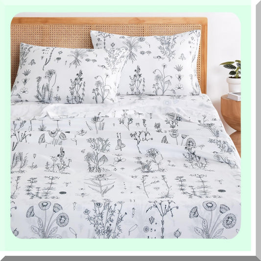 Botanical Bloom 4-Piece Sheet Set - Deep Pocket Floral Bed Sheets - Shabby Chic Black and White Flower - Soft Microfiber Patterned Bedding