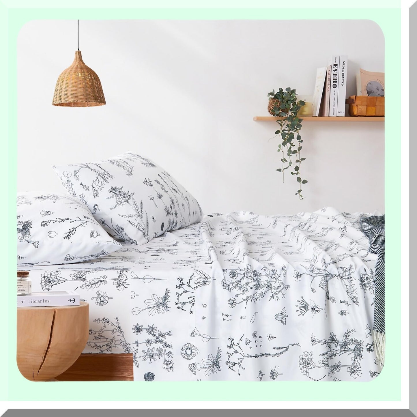 Botanical Bloom 4-Piece Sheet Set - Deep Pocket Floral Bed Sheets - Shabby Chic Black and White Flower - Soft Microfiber Patterned Bedding