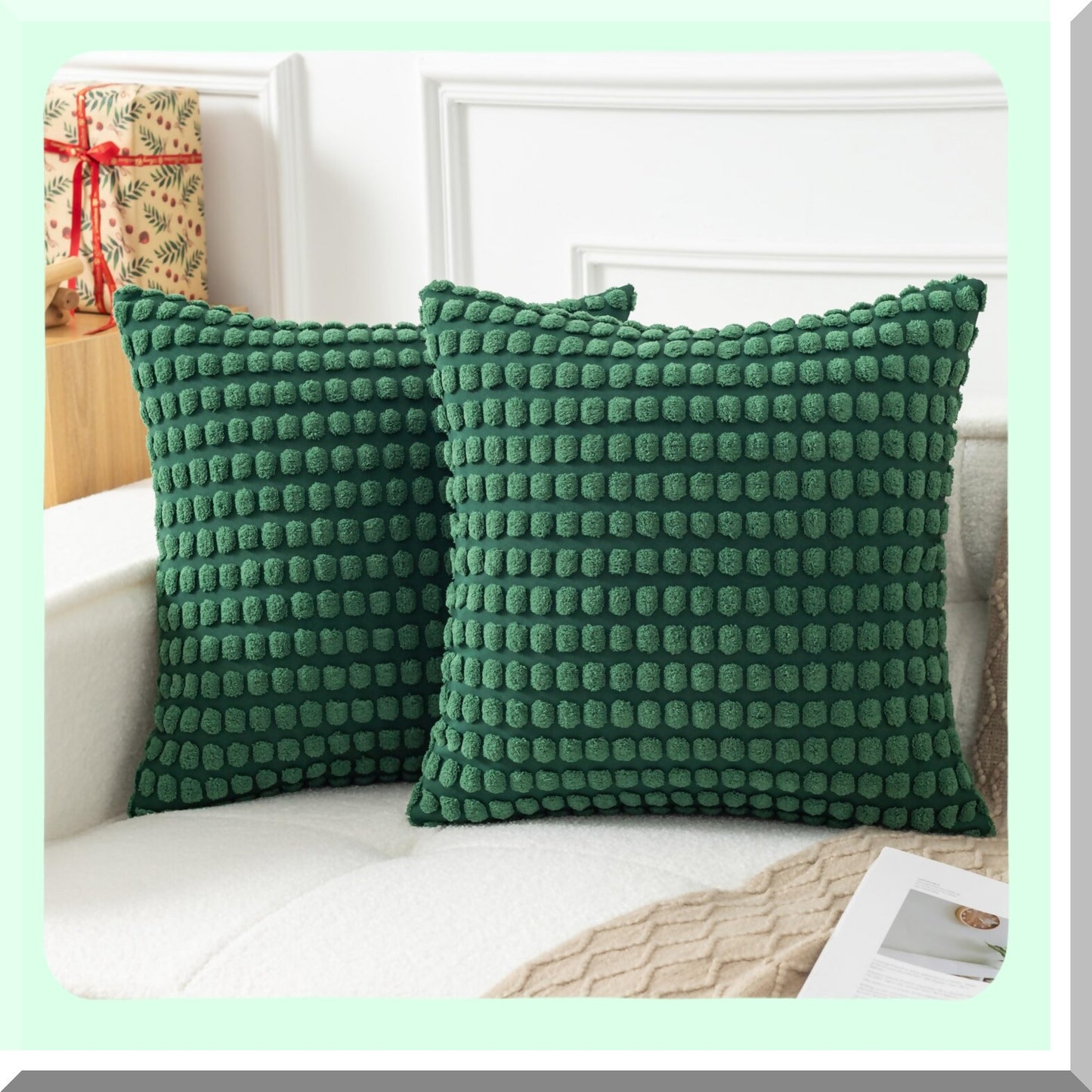 Soft Corduroy Plush Pillow Covers - Set of 2 | Solid Granular Pattern Decorative Throw Cushion Covers | Boho Farmhouse Style for Couch Sofa Bedroom | Dark Green 18x18 Inch