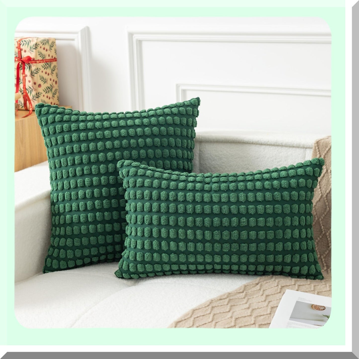 Soft Corduroy Plush Pillow Covers - Set of 2 | Solid Granular Pattern Decorative Throw Cushion Covers | Boho Farmhouse Style for Couch Sofa Bedroom | Dark Green 18x18 Inch