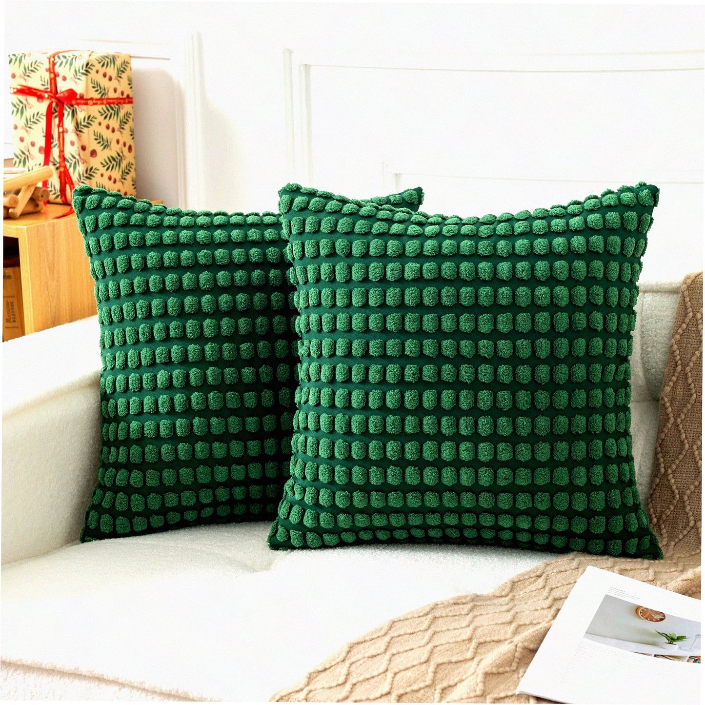 Soft Corduroy Plush Pillow Covers - Set of 2 | Solid Granular Pattern Decorative Throw Cushion Covers | Boho Farmhouse Style for Couch Sofa Bedroom | Dark Green 18x18 Inch