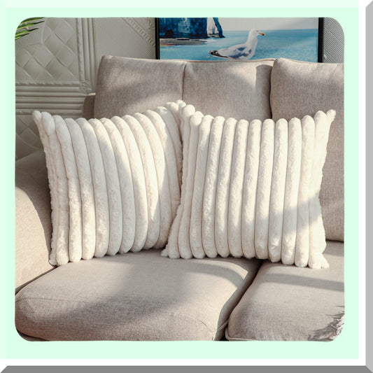 Fuzzy Striped Plush Pillowcase Set - Double-Sided Decorative Cushion Covers for Sofa & Bedroom - Pack of 2 Soft White 18x18 Inch