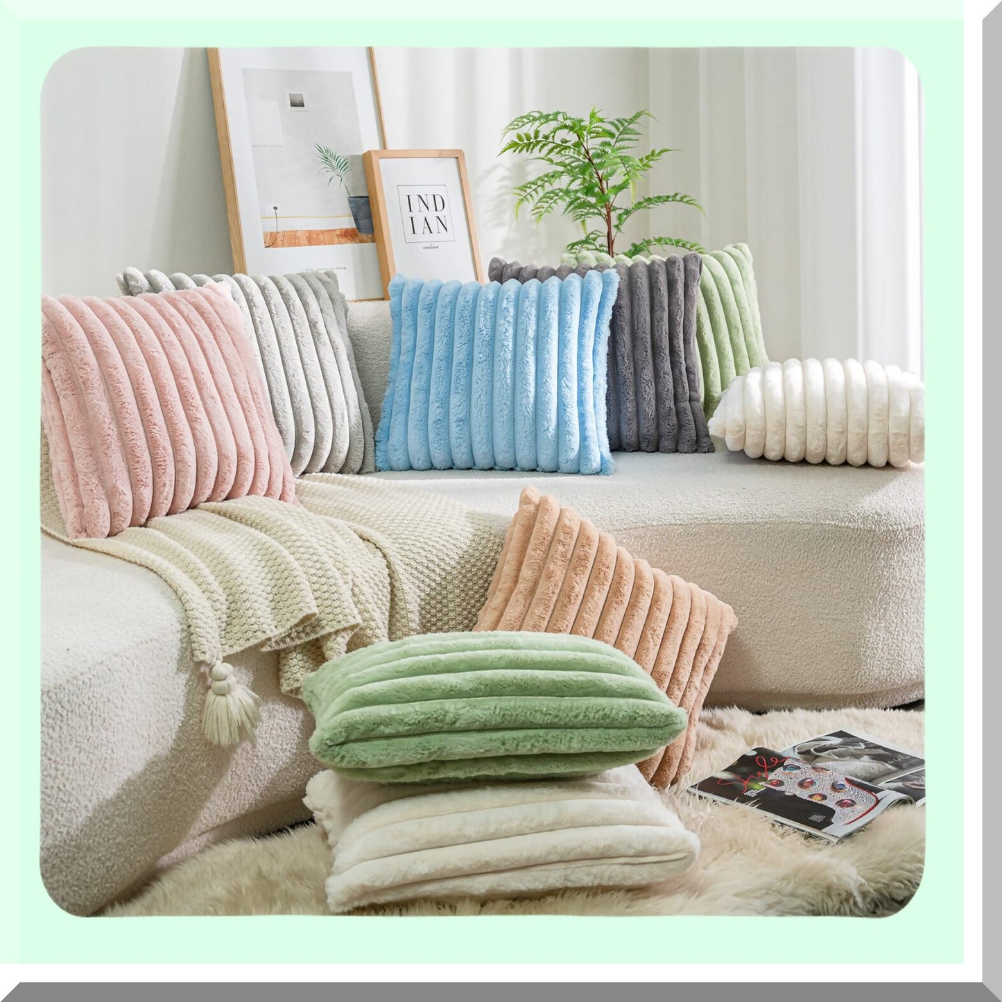 Fuzzy Striped Plush Pillowcase Set - Double-Sided Decorative Cushion Covers for Sofa & Bedroom - Pack of 2 Soft White 18x18 Inch