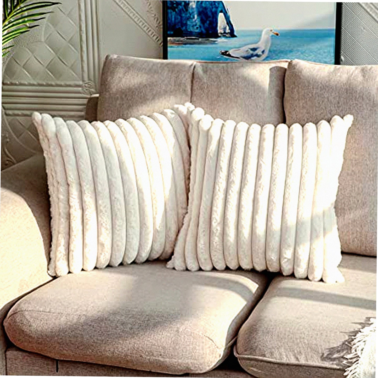 Fuzzy Striped Plush Pillowcase Set - Double-Sided Decorative Cushion Covers for Sofa & Bedroom - Pack of 2 Soft White 18x18 Inch
