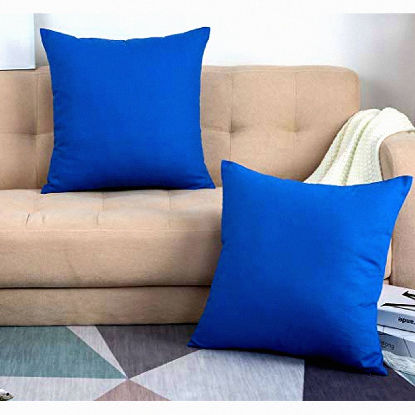 Colorful Cotton Canvas Pillow Covers - Set of 2, 18x18 Inches, Decorative Cushion Cases in Bright Royal Blue - 45 Color Options, Solid Design