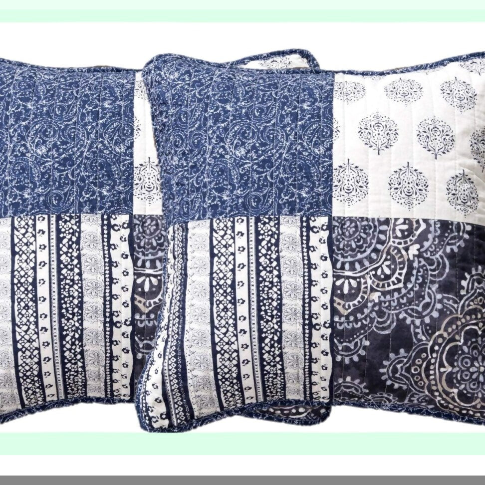 Blue Elegance Floral Patchwork Throw Pillow Covers - Set of 2 - 100% Cotton Boho Chic Paisley Navy - Farmhouse Country Style Bright Vibrant Multi Colorful - 18" x 18"