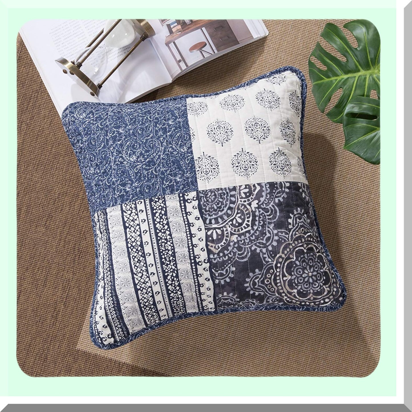 Blue Elegance Floral Patchwork Throw Pillow Covers - Set of 2 - 100% Cotton Boho Chic Paisley Navy - Farmhouse Country Style Bright Vibrant Multi Colorful - 18" x 18"