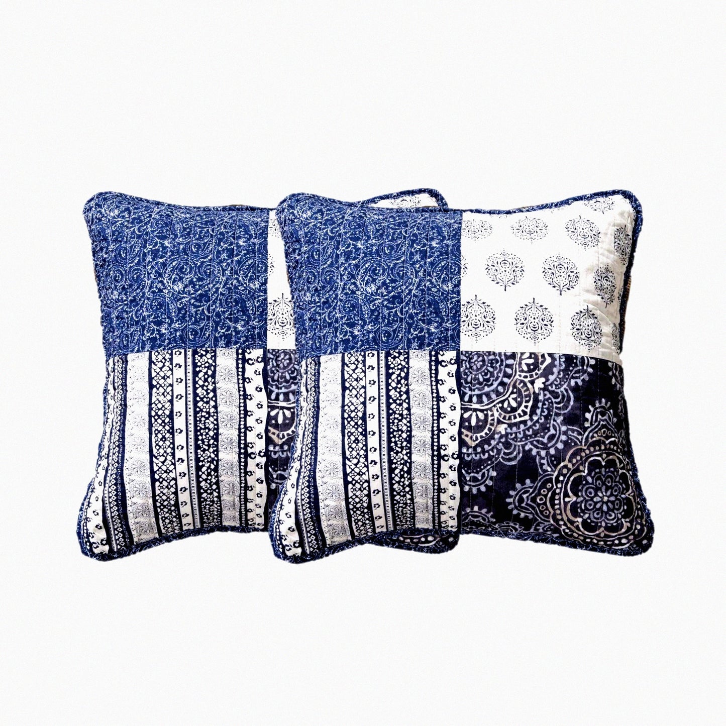 Blue Elegance Floral Patchwork Throw Pillow Covers - Set of 2 - 100% Cotton Boho Chic Paisley Navy - Farmhouse Country Style Bright Vibrant Multi Colorful - 18" x 18"
