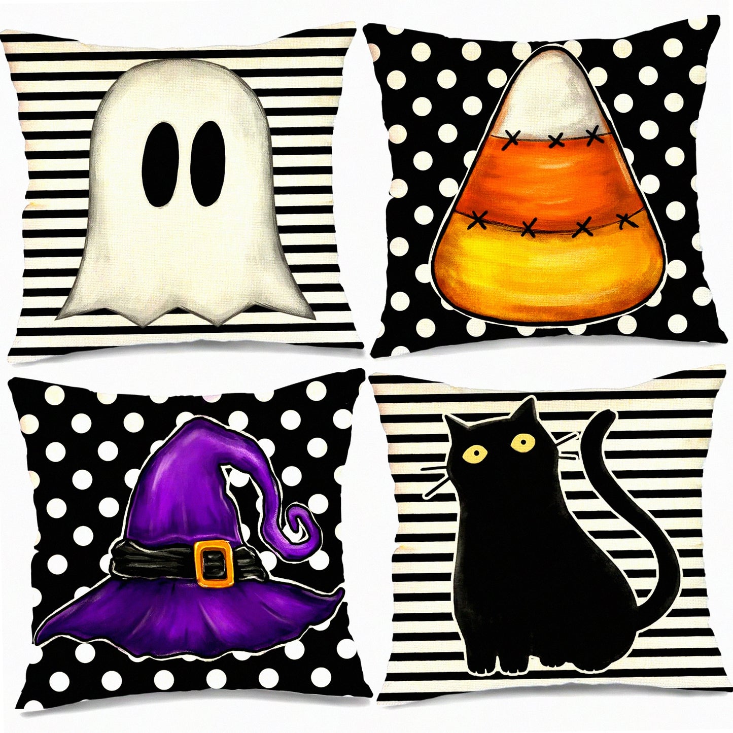 Spooky Striped Polka Dot Pillow Covers Set - Black Cat Hat Decorative Throw Pillowcases for Home Party Sofa Couch - Indoor Holiday Decoration - 18 x 18 Inch - G369-18