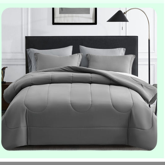 Luxury Dream Queen Bedding Set - 7 Piece Comforter Bundle with Sheets, Pillowcases, and Shams - Plush Down Alternative Duvet Insert - Reversible Design in Dark Grey/Light Grey - Queen Size Comforter
