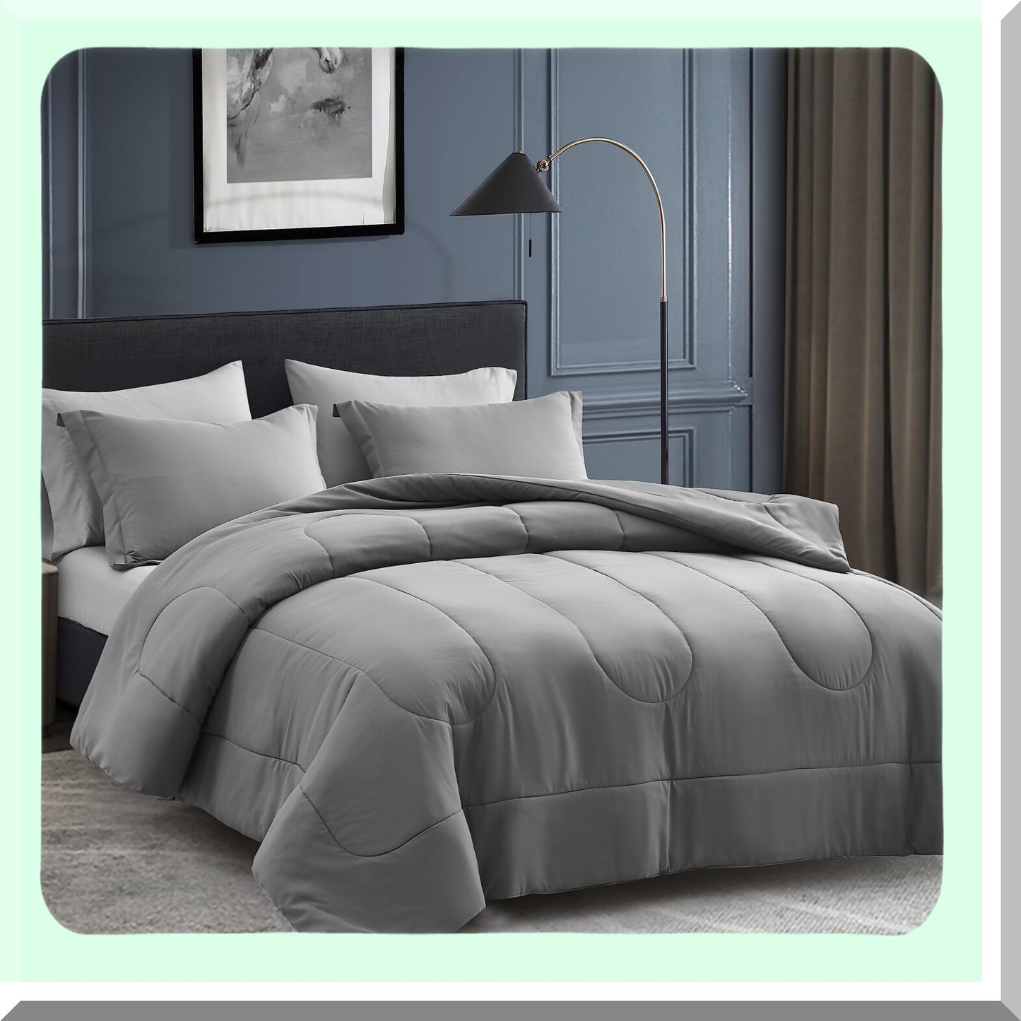 Luxury Dream Queen Bedding Set - 7 Piece Comforter Bundle with Sheets, Pillowcases, and Shams - Plush Down Alternative Duvet Insert - Reversible Design in Dark Grey/Light Grey - Queen Size Comforter