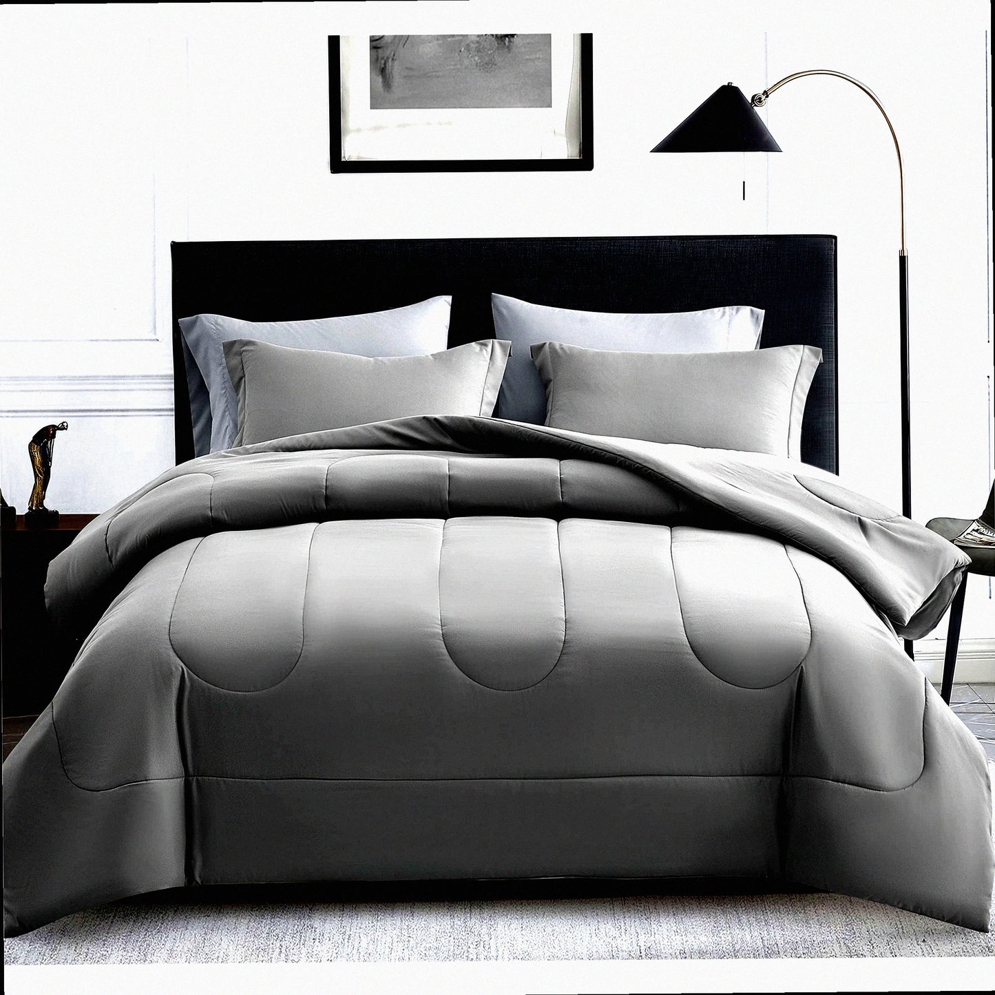 Luxury Dream Queen Bedding Set - 7 Piece Comforter Bundle with Sheets, Pillowcases, and Shams - Plush Down Alternative Duvet Insert - Reversible Design in Dark Grey/Light Grey - Queen Size Comforter
