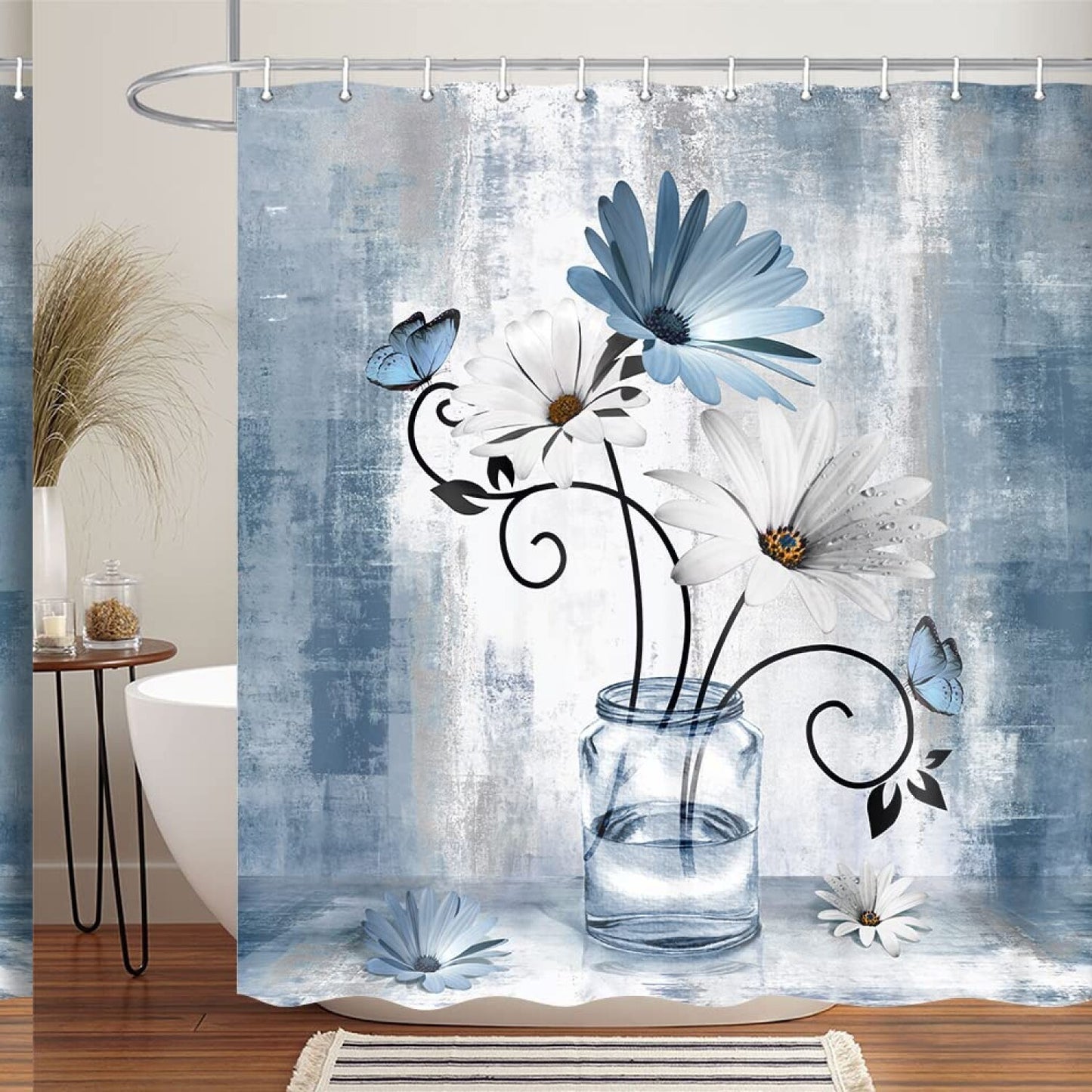 Rustic Farmhouse Blue Daisy Floral Shower Curtain 70x70in
