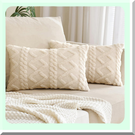 CozyPlush Fleece Pillowcase Set - Soft Wool Throw Cushion Covers for Couch & Bed - Decorative Rectangle Pillow Covers - Cream Beige, 12x20 Inch