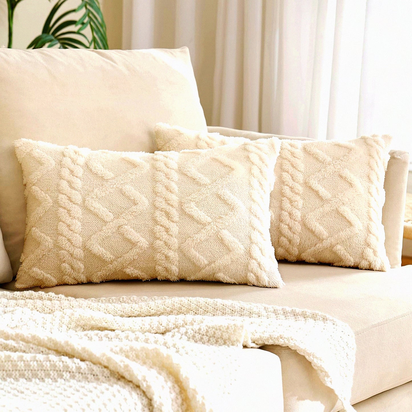 CozyPlush Fleece Pillowcase Set - Soft Wool Throw Cushion Covers for Couch & Bed - Decorative Rectangle Pillow Covers - Cream Beige, 12x20 Inch