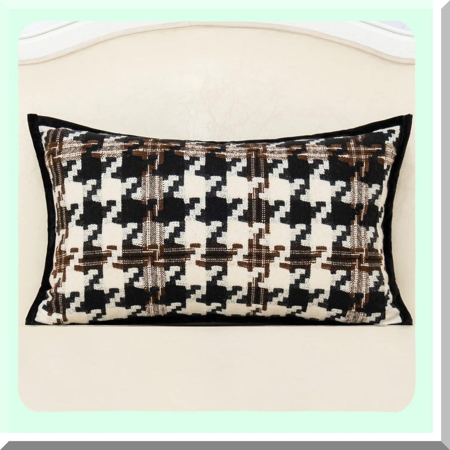 Luxury Houndstooth Velvet Lumbar Pillow Cover - Modern Cotton Cushion Case for Couch, Sofa, Living Room, Bedroom, Car - Brown Off White Black - 12x20 Inch - Decorative Throw Pillow