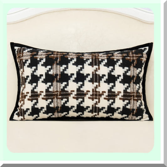 Luxury Houndstooth Velvet Lumbar Pillow Cover - Modern Cotton Cushion Case for Couch, Sofa, Living Room, Bedroom, Car - Brown Off White Black - 12x20 Inch - Decorative Throw Pillow