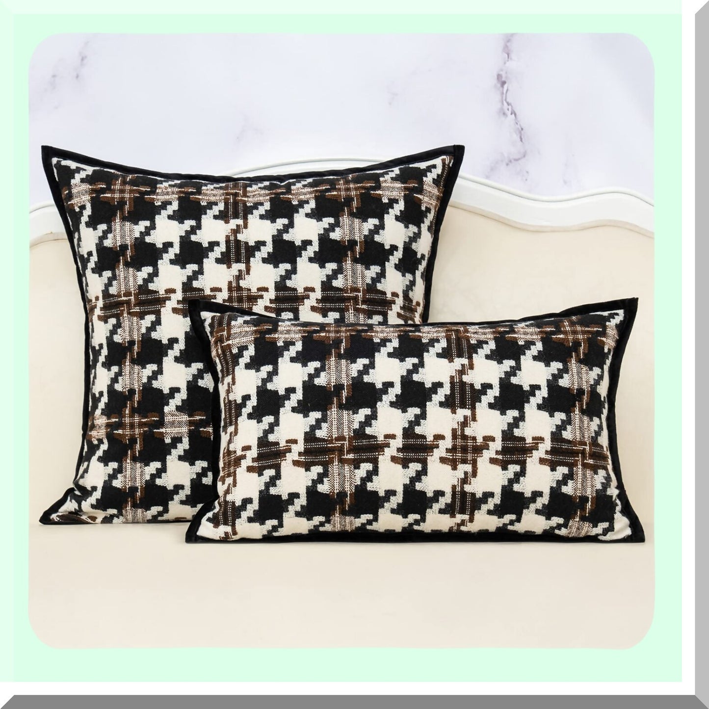 Luxury Houndstooth Velvet Lumbar Pillow Cover - Modern Cotton Cushion Case for Couch, Sofa, Living Room, Bedroom, Car - Brown Off White Black - 12x20 Inch - Decorative Throw Pillow