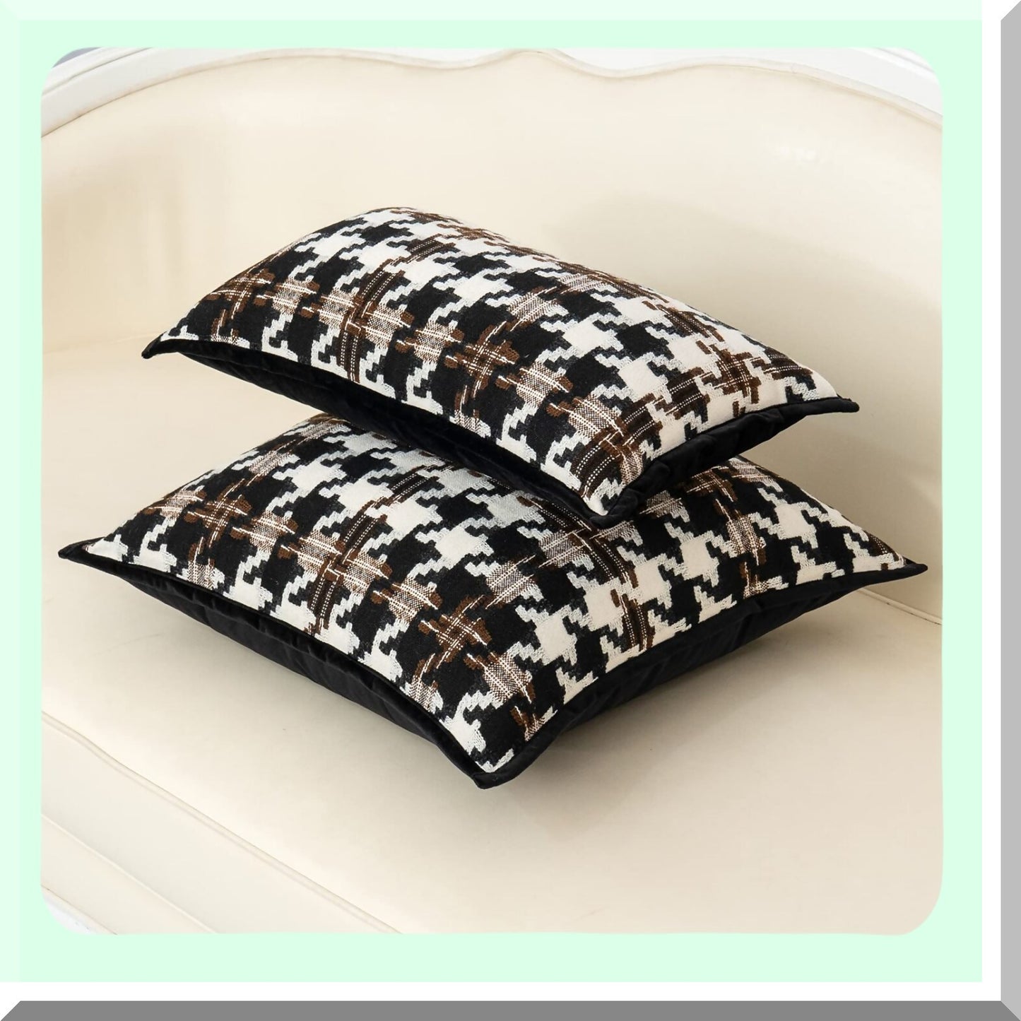 Luxury Houndstooth Velvet Lumbar Pillow Cover - Modern Cotton Cushion Case for Couch, Sofa, Living Room, Bedroom, Car - Brown Off White Black - 12x20 Inch - Decorative Throw Pillow