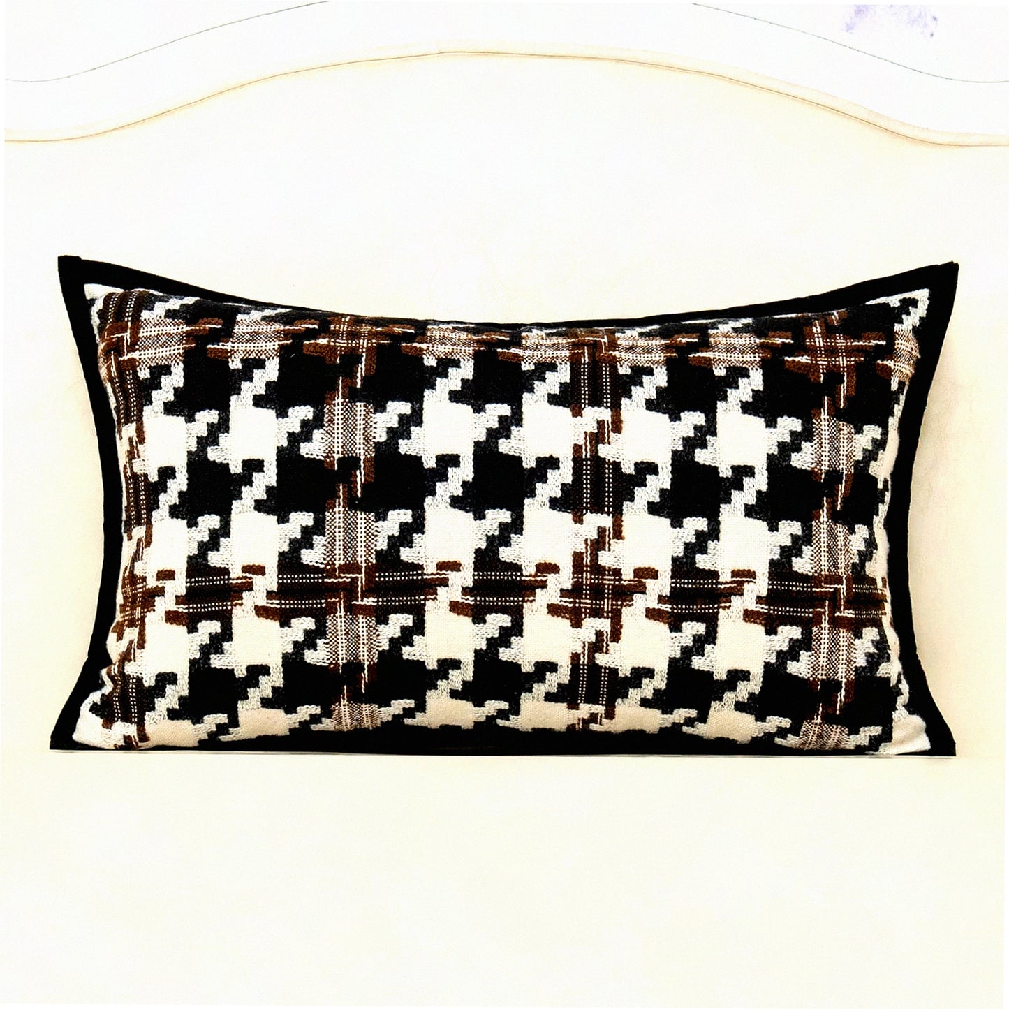 Luxury Houndstooth Velvet Lumbar Pillow Cover - Modern Cotton Cushion Case for Couch, Sofa, Living Room, Bedroom, Car - Brown Off White Black - 12x20 Inch - Decorative Throw Pillow