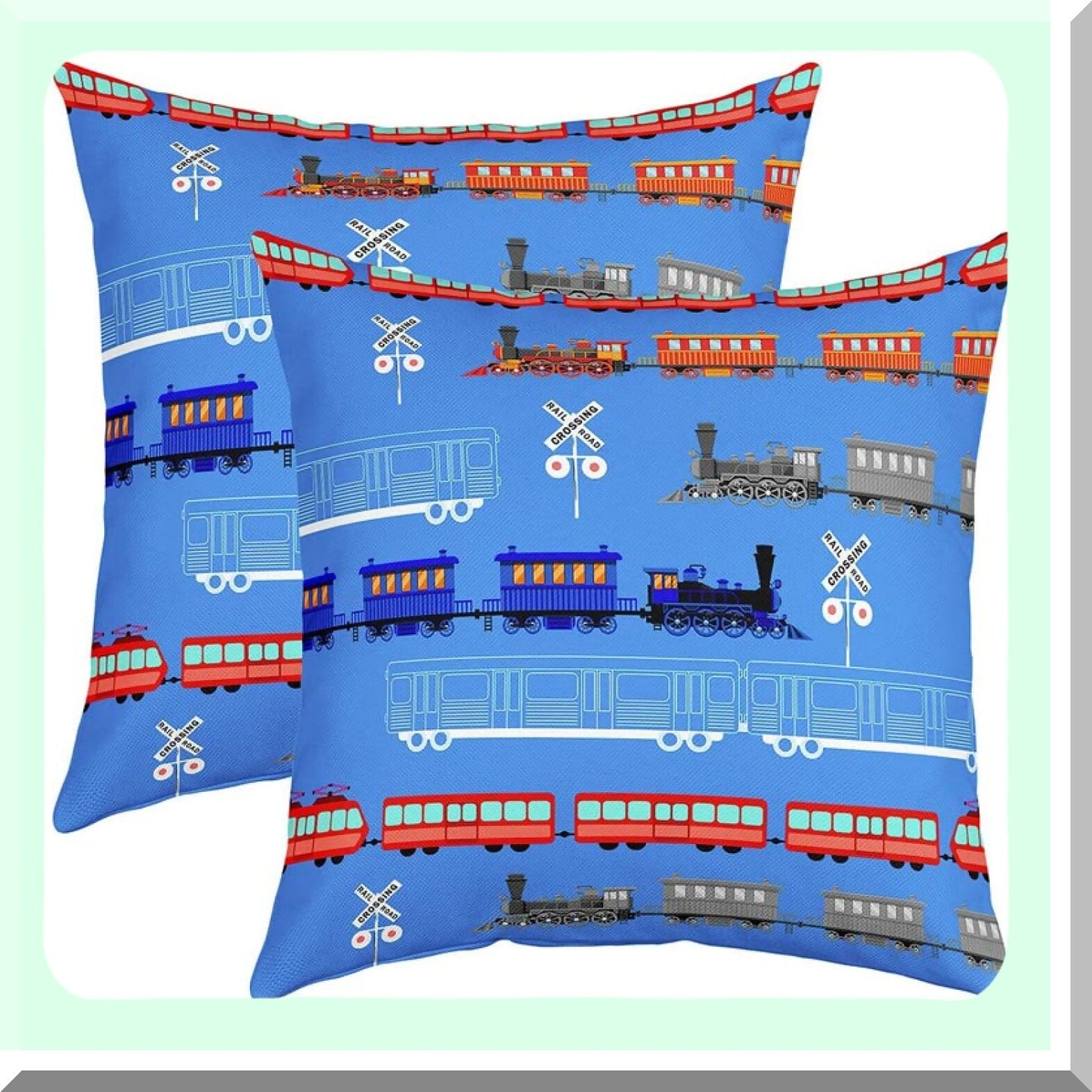 Vintage Car Cartoon Throw Pillow Covers - Set of 2 | Retro Train Decorative Pillowcases | Blue Light Sign Cushion Cases for Bedroom Décor | 18"x18"