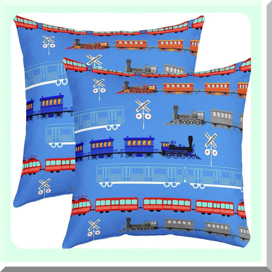 Vintage Car Cartoon Throw Pillow Covers - Set of 2 | Retro Train Decorative Pillowcases | Blue Light Sign Cushion Cases for Bedroom Décor | 18"x18"