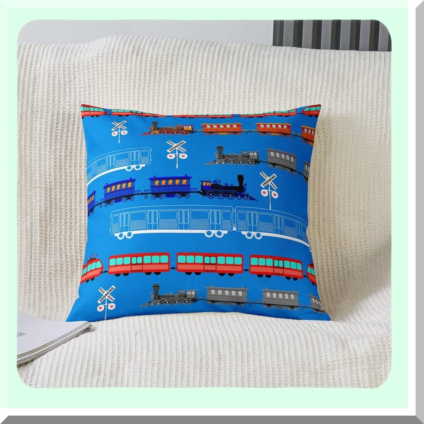 Vintage Car Cartoon Throw Pillow Covers - Set of 2 | Retro Train Decorative Pillowcases | Blue Light Sign Cushion Cases for Bedroom Décor | 18"x18"