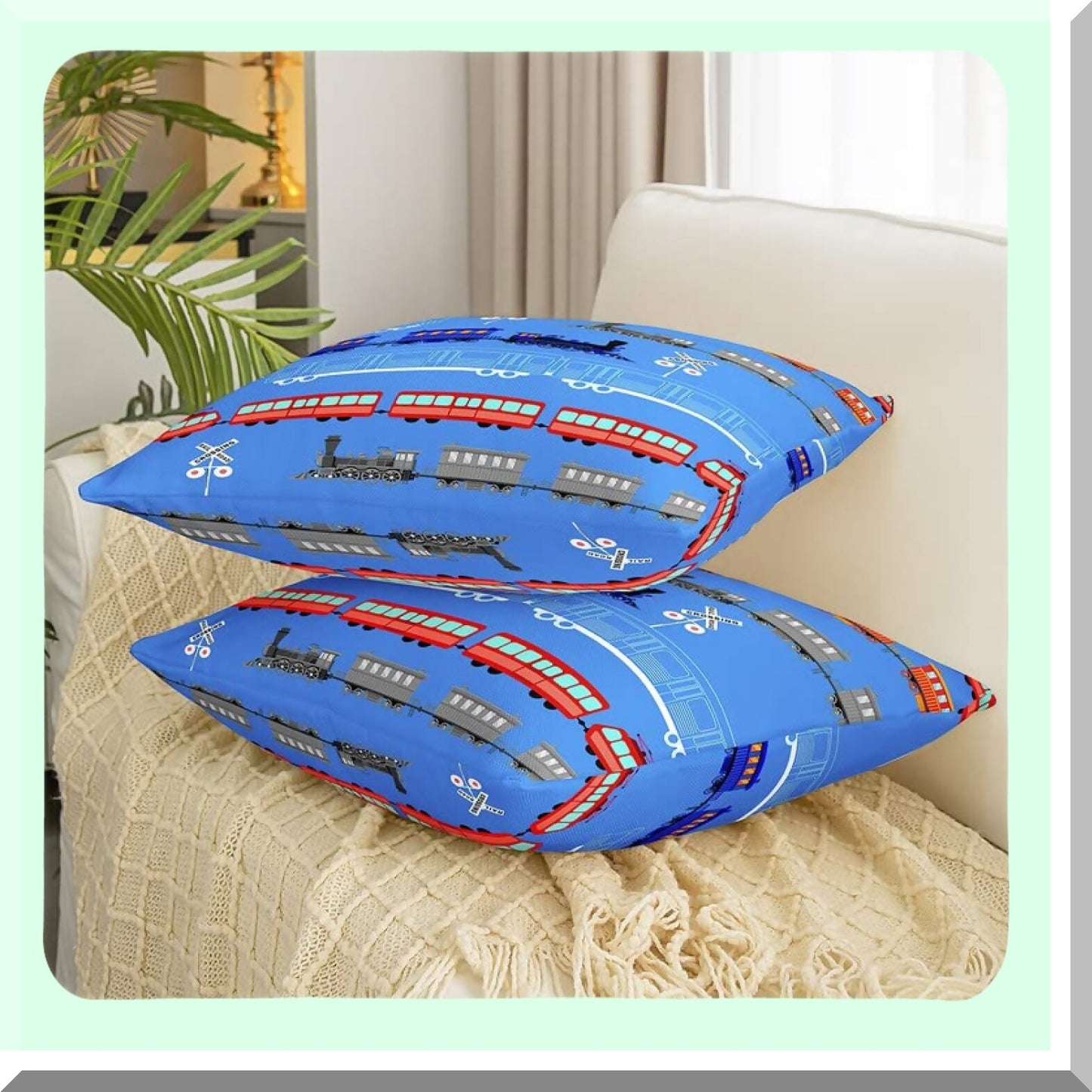 Vintage Car Cartoon Throw Pillow Covers - Set of 2 | Retro Train Decorative Pillowcases | Blue Light Sign Cushion Cases for Bedroom Décor | 18"x18"