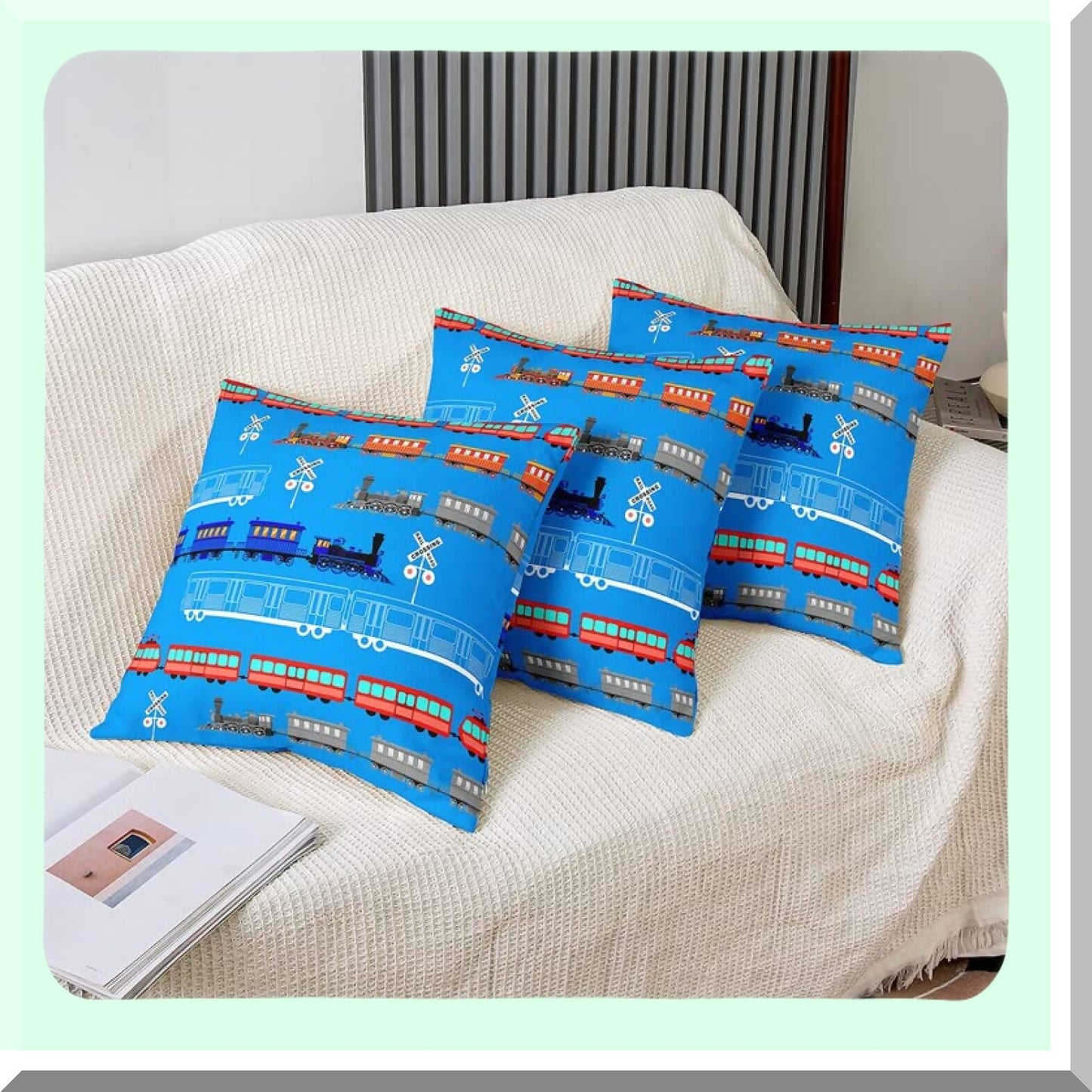 Vintage Car Cartoon Throw Pillow Covers - Set of 2 | Retro Train Decorative Pillowcases | Blue Light Sign Cushion Cases for Bedroom Décor | 18"x18"