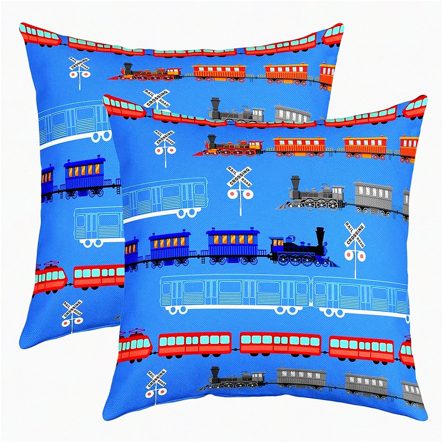 Vintage Car Cartoon Throw Pillow Covers - Set of 2 | Retro Train Decorative Pillowcases | Blue Light Sign Cushion Cases for Bedroom Décor | 18"x18"