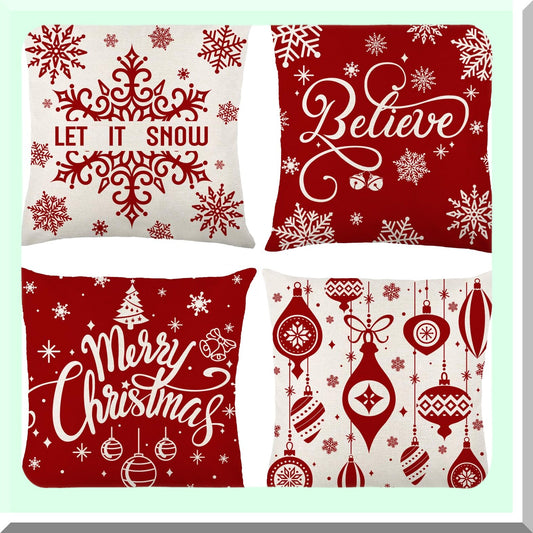 Winter Farmhouse Buffalo Plaid Pillow Covers - Set of 4, 18x18in Red Throw Cushion Cases for Home & Outdoor Decoration