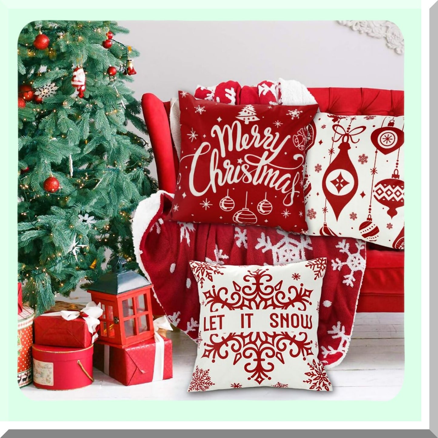Winter Farmhouse Buffalo Plaid Pillow Covers - Set of 4, 18x18in Red Throw Cushion Cases for Home & Outdoor Decoration