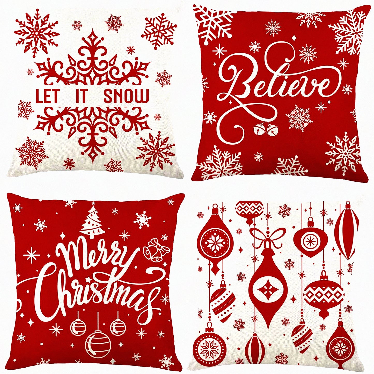 Winter Farmhouse Buffalo Plaid Pillow Covers - Set of 4, 18x18in Red Throw Cushion Cases for Home & Outdoor Decoration