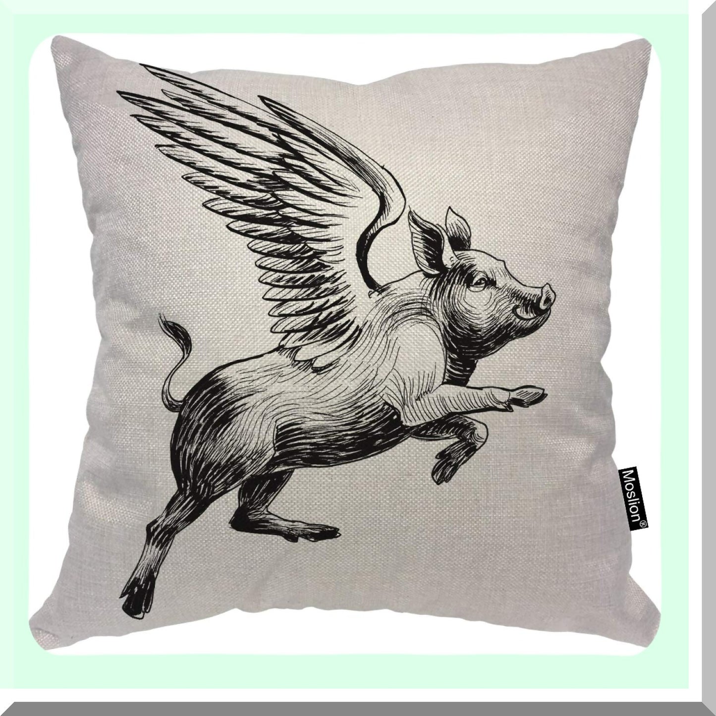 Vintage Flying Piggy Pillow Cover - Black White Ink Decorative Throw Pillow Case with Wings to The Sky Design - Square Accent Cotton Linen Home Decor - 18x18 Inch