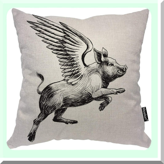 Vintage Flying Piggy Pillow Cover - Black White Ink Decorative Throw Pillow Case with Wings to The Sky Design - Square Accent Cotton Linen Home Decor - 18x18 Inch