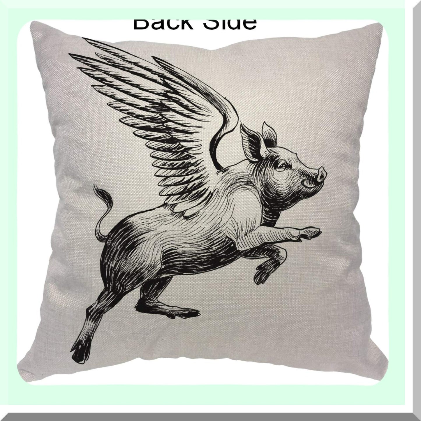 Vintage Flying Piggy Pillow Cover - Black White Ink Decorative Throw Pillow Case with Wings to The Sky Design - Square Accent Cotton Linen Home Decor - 18x18 Inch