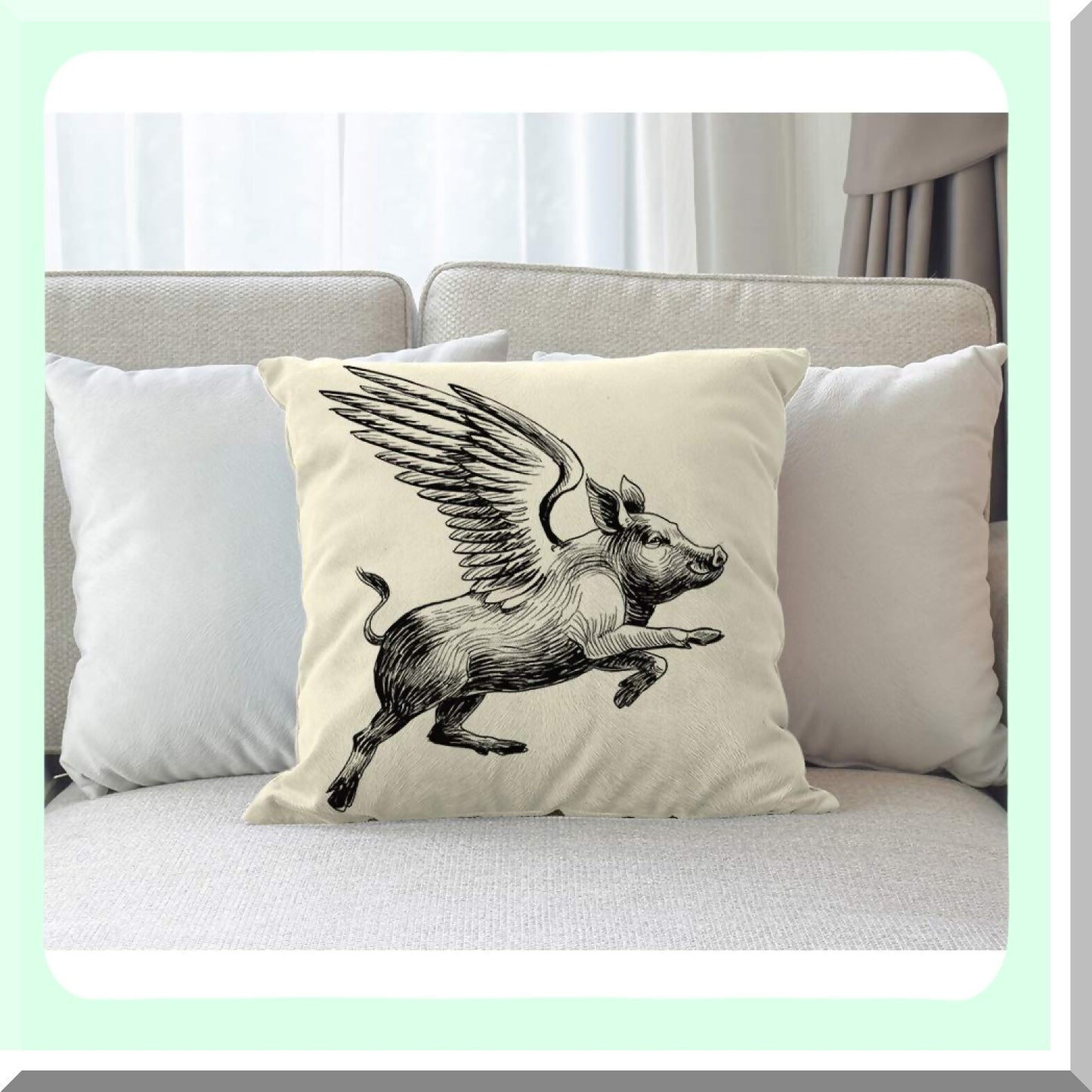 Vintage Flying Piggy Pillow Cover - Black White Ink Decorative Throw Pillow Case with Wings to The Sky Design - Square Accent Cotton Linen Home Decor - 18x18 Inch