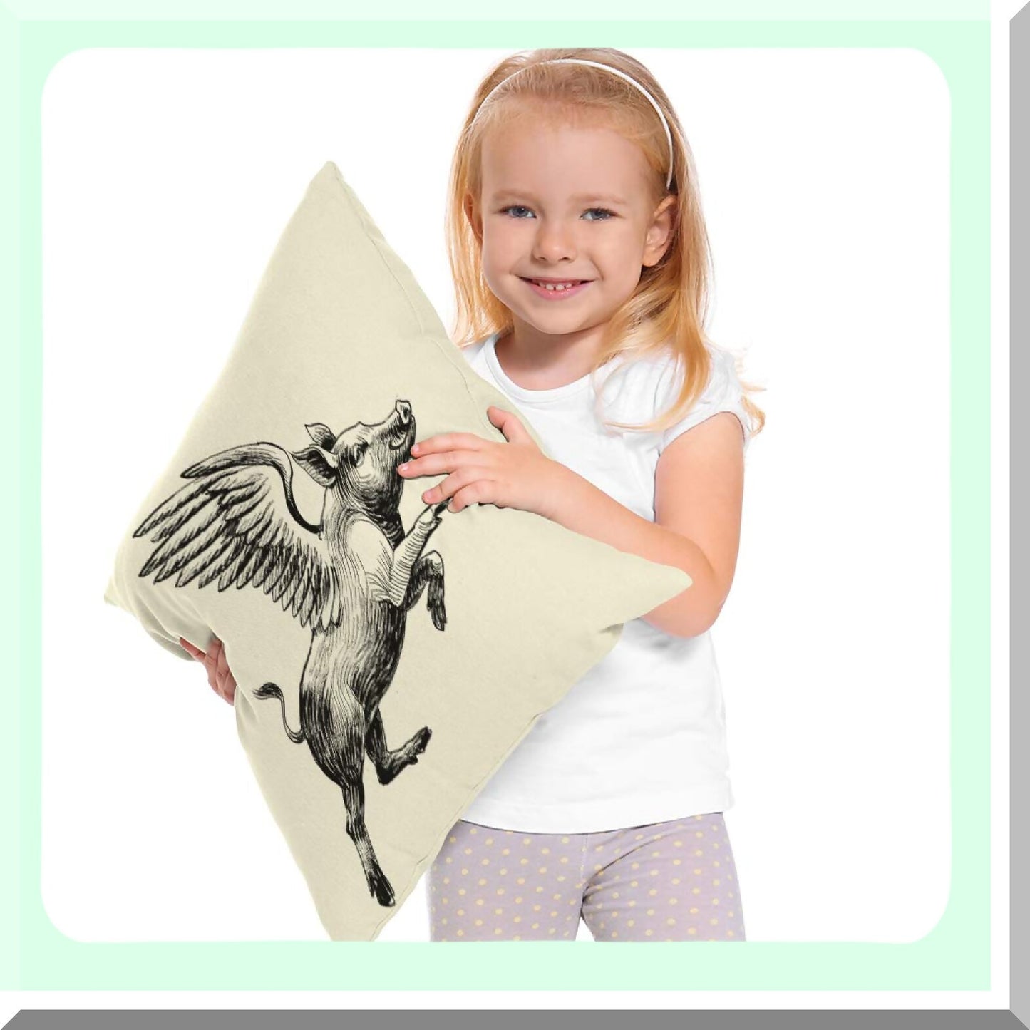Vintage Flying Piggy Pillow Cover - Black White Ink Decorative Throw Pillow Case with Wings to The Sky Design - Square Accent Cotton Linen Home Decor - 18x18 Inch
