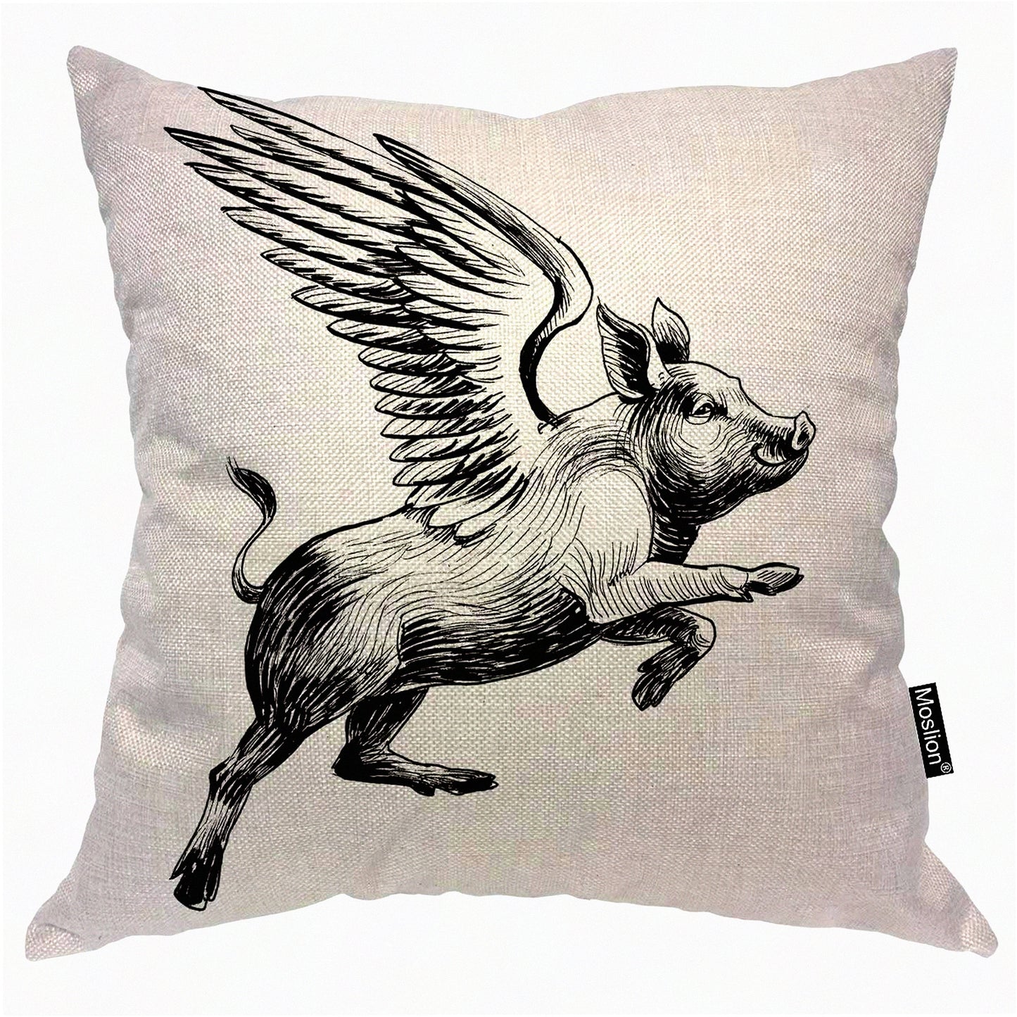 Vintage Flying Piggy Pillow Cover - Black White Ink Decorative Throw Pillow Case with Wings to The Sky Design - Square Accent Cotton Linen Home Decor - 18x18 Inch