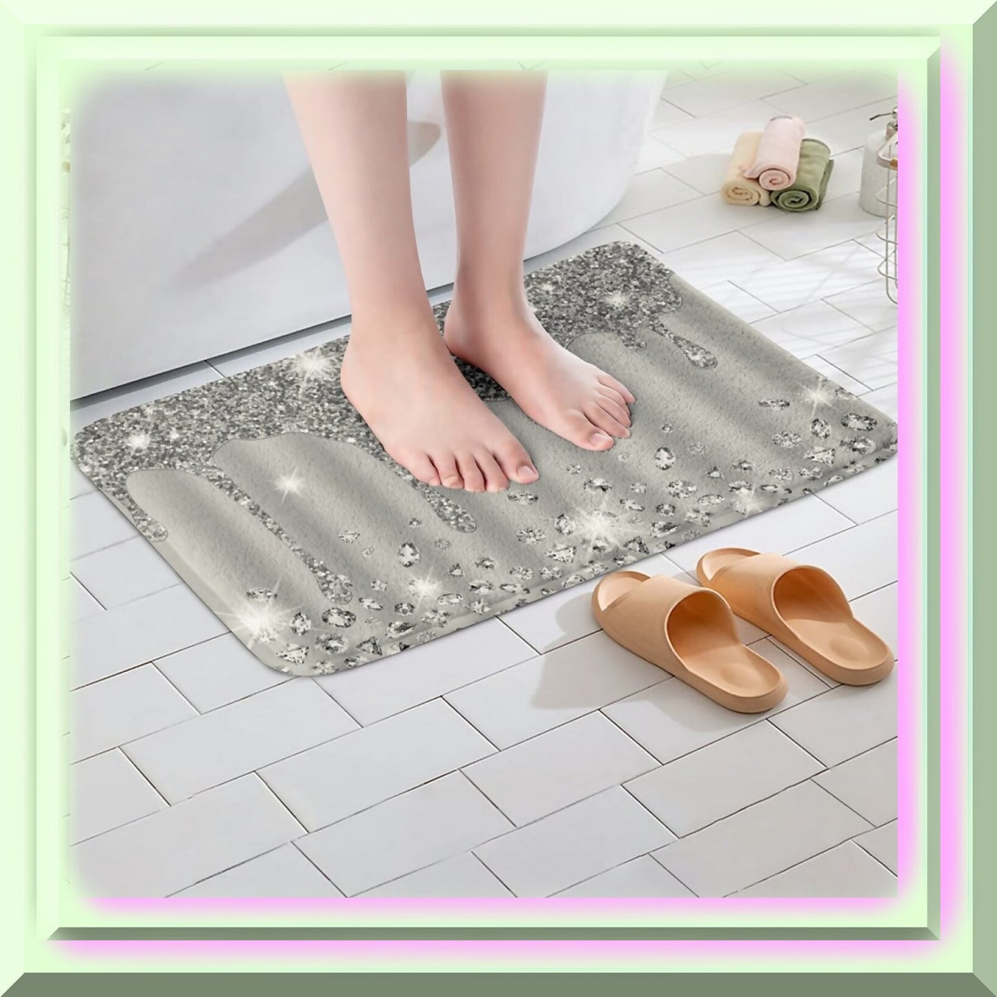Silver Glitter Print Non Slip Bath Mat 16"x24"
