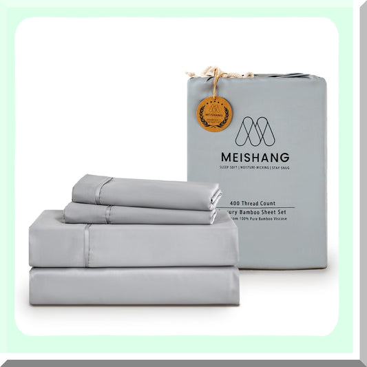 CoolBamboo Cal Size Sheet Set - 100% Pure Viscose, 400TC Cooling Bed Sheets, 16 Inch Deep Pocket, 4 Piece Silky Soft Luxury Set in Light Gray.