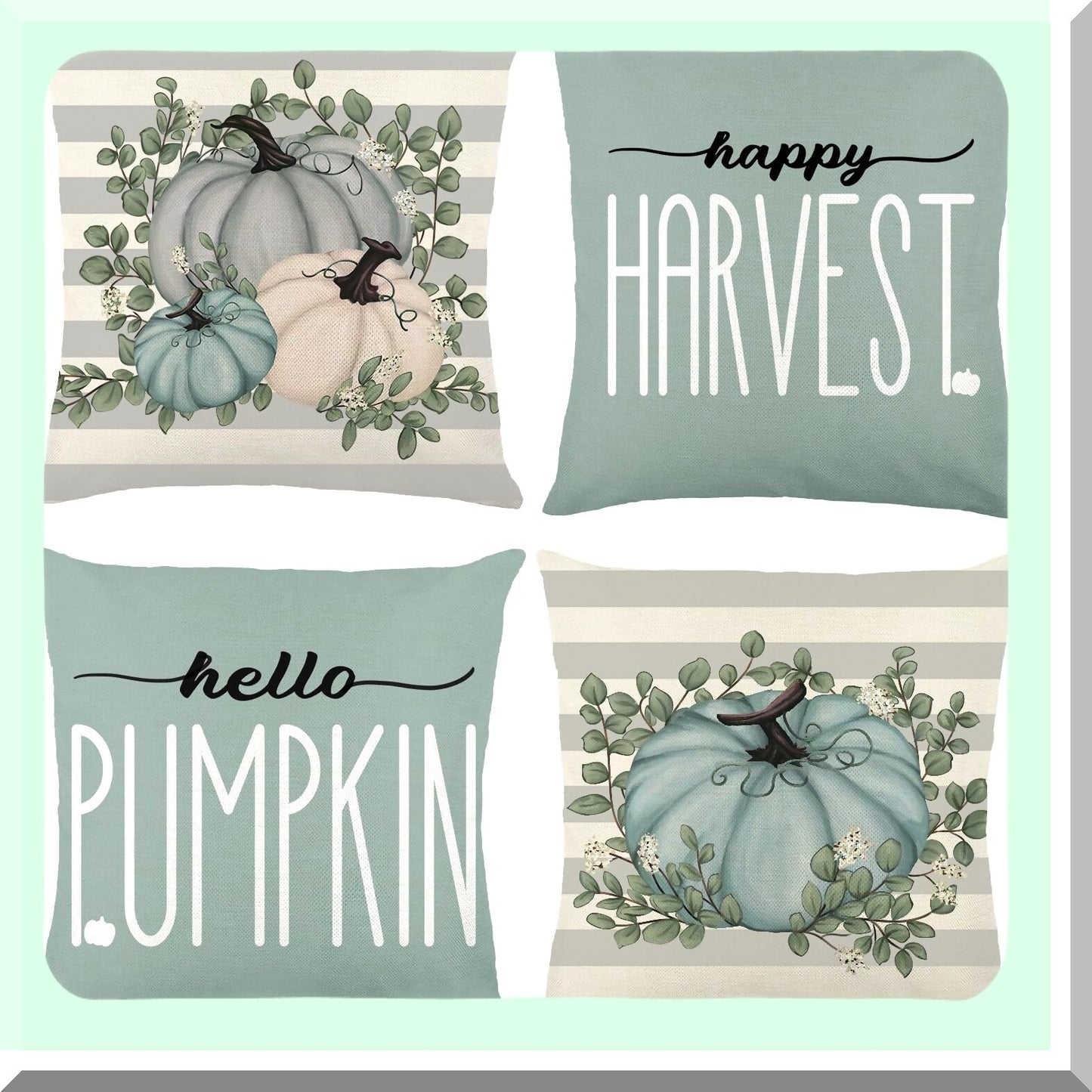 Fall Harvest Buffalo Plaid Pillow Covers - Set of 4, 18x18in Blue Pumpkin Thanksgiving Throw Pillows - Farmhouse Cushion Case for Autumn Home Decor