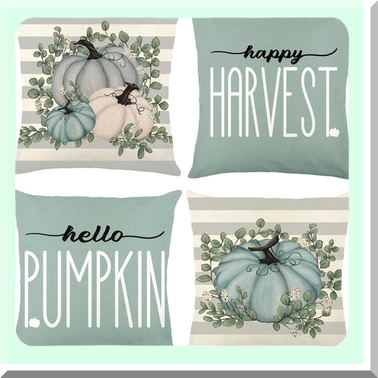 Fall Harvest Buffalo Plaid Pillow Covers - Set of 4, 18x18in Blue Pumpkin Thanksgiving Throw Pillows - Farmhouse Cushion Case for Autumn Home Decor