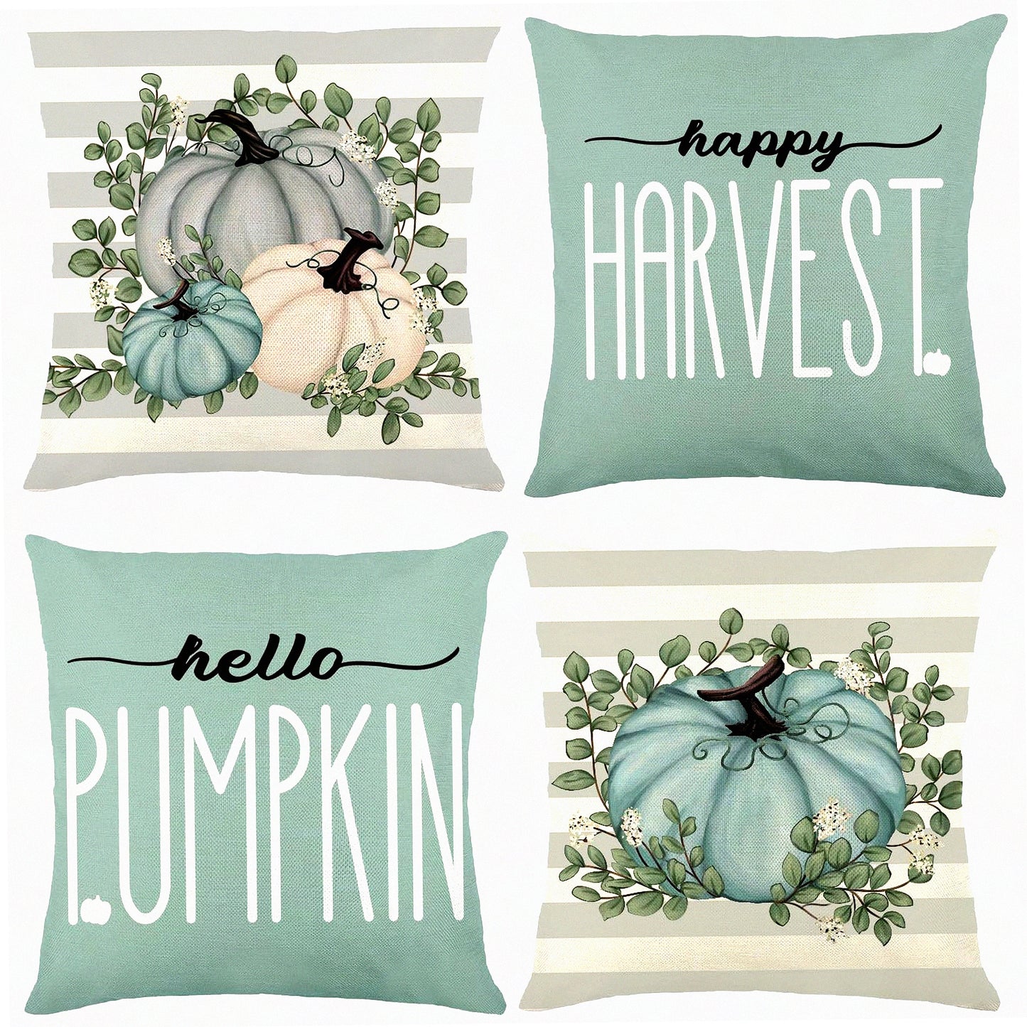 Fall Harvest Buffalo Plaid Pillow Covers - Set of 4, 18x18in Blue Pumpkin Thanksgiving Throw Pillows - Farmhouse Cushion Case for Autumn Home Decor