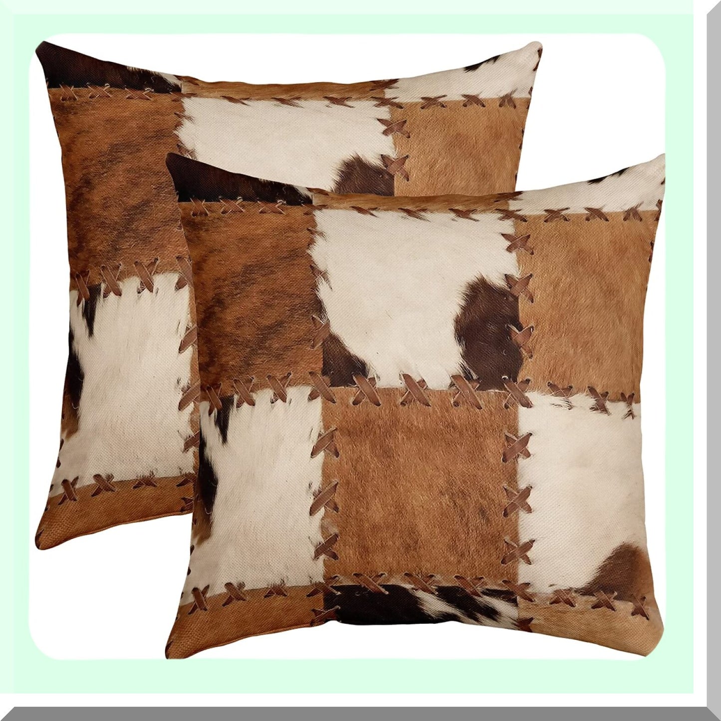 Cowhide Patchwork Pillow Covers - Set of 2, Western Cow Print Decorative Cushion Cases for Bedroom & Living Room, Cowboy Cowgirl Accent Covers - Brown & White 18x18
