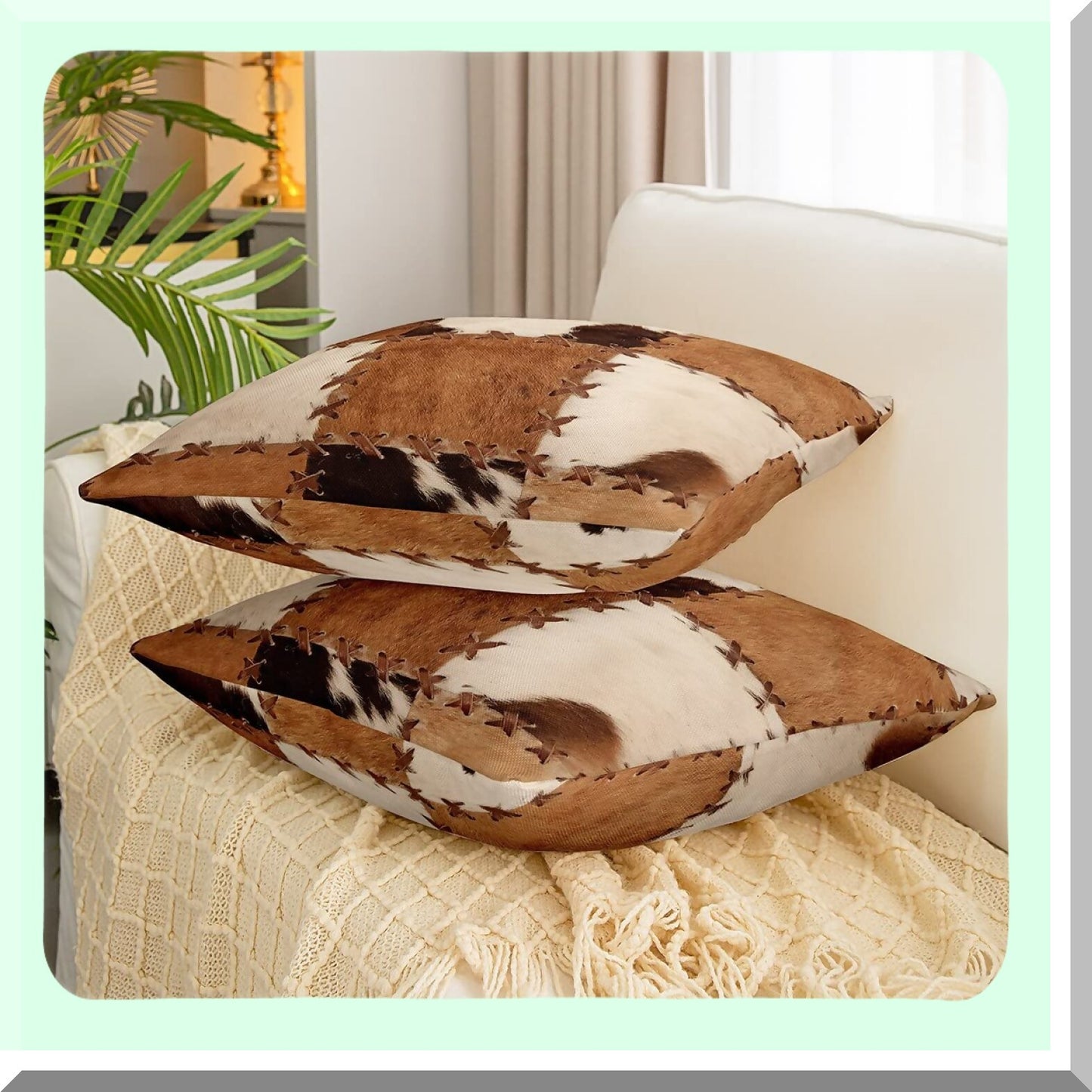 Cowhide Patchwork Pillow Covers - Set of 2, Western Cow Print Decorative Cushion Cases for Bedroom & Living Room, Cowboy Cowgirl Accent Covers - Brown & White 18x18