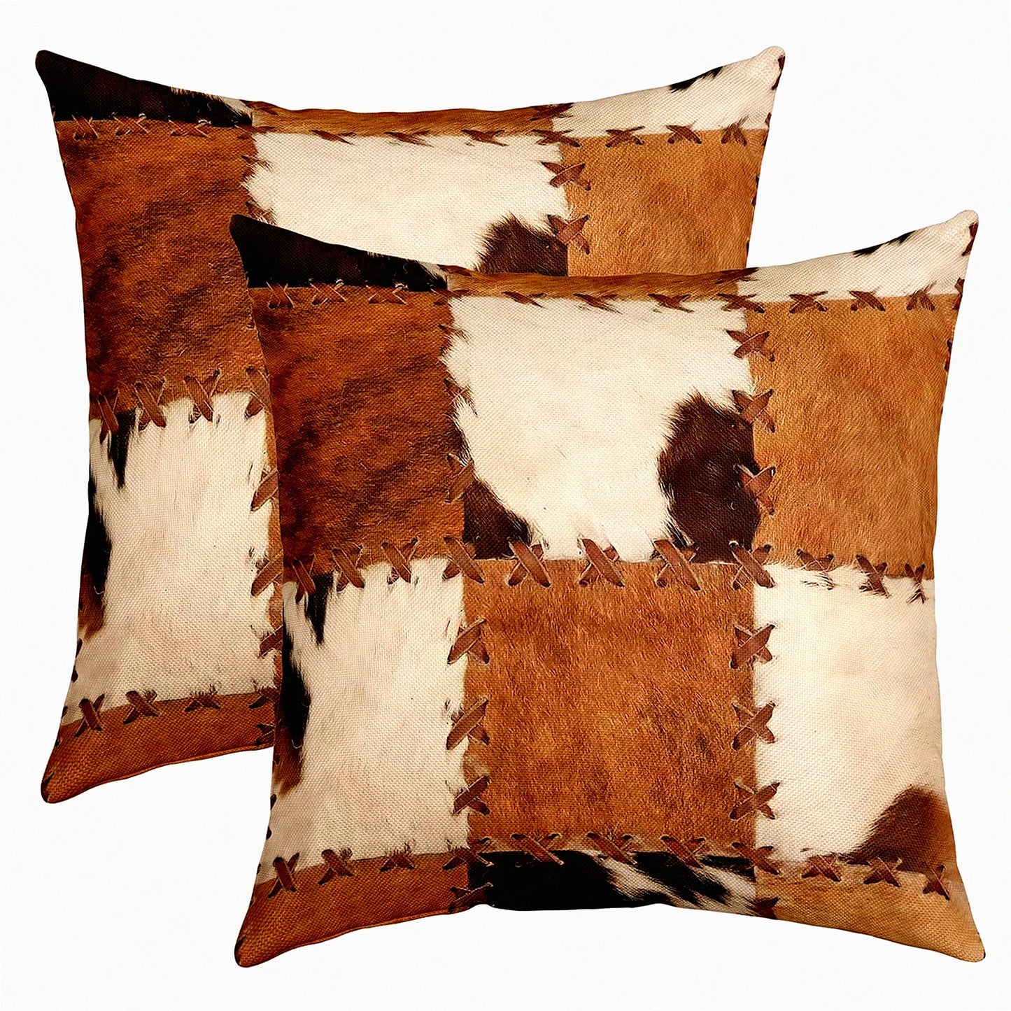 Cowhide Patchwork Pillow Covers - Set of 2, Western Cow Print Decorative Cushion Cases for Bedroom & Living Room, Cowboy Cowgirl Accent Covers - Brown & White 18x18