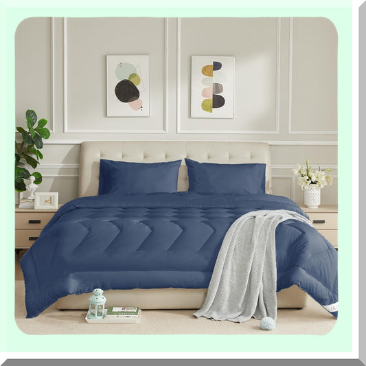 Navy Blue Cotton All Season Duvet Insert - Quilted Fluffy Down Alternative Comforter - Lightweight & Breathable - 8 Corner Tabs - Soft & Cozy